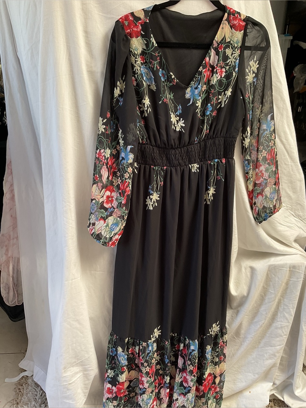 SHEIN Black Floral V-Neck Sheer Sleeve Maxi Dress